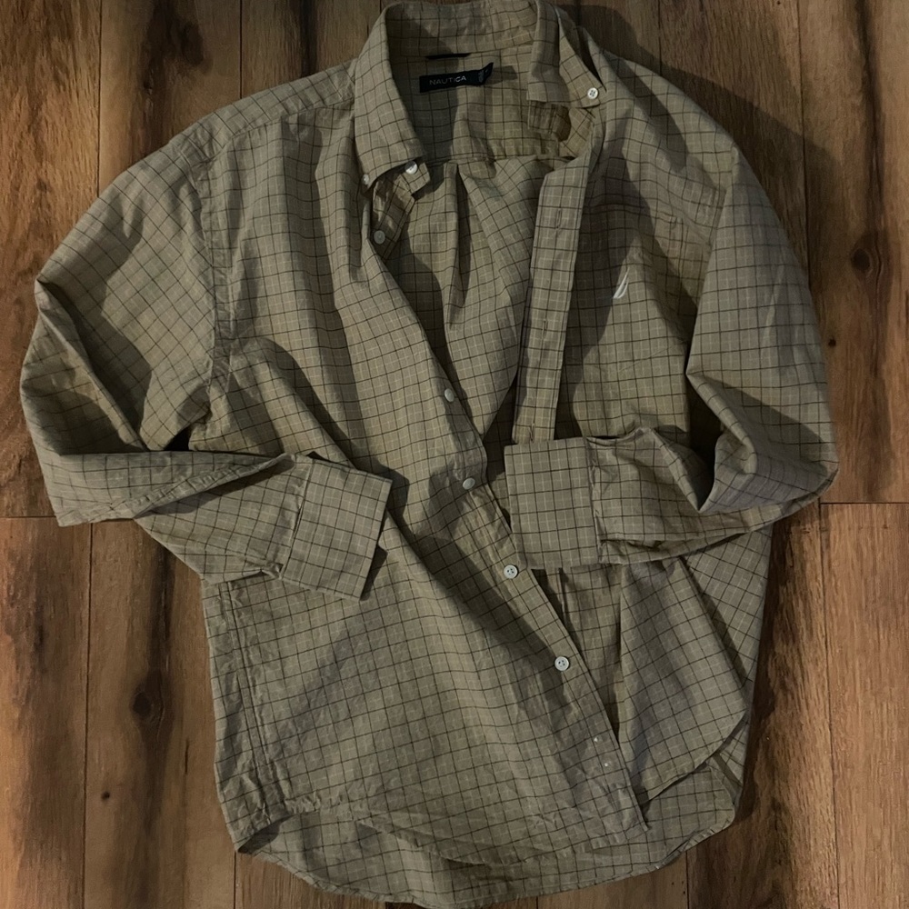 Yellow and brown button up.